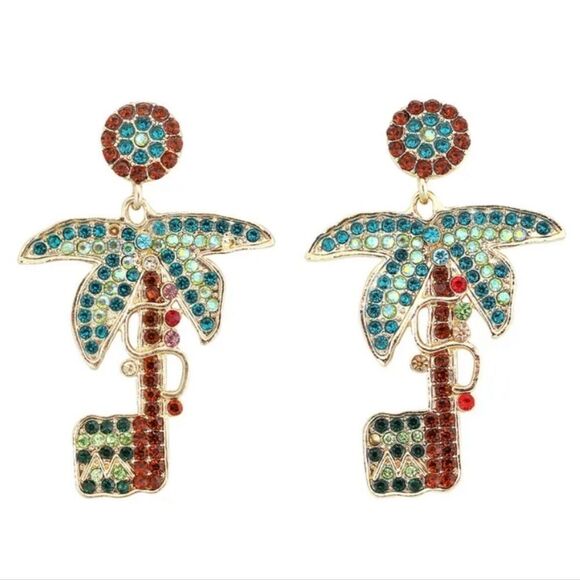 New PALM COCONUT TREE rhinestone earrings - Picture 3 of 7